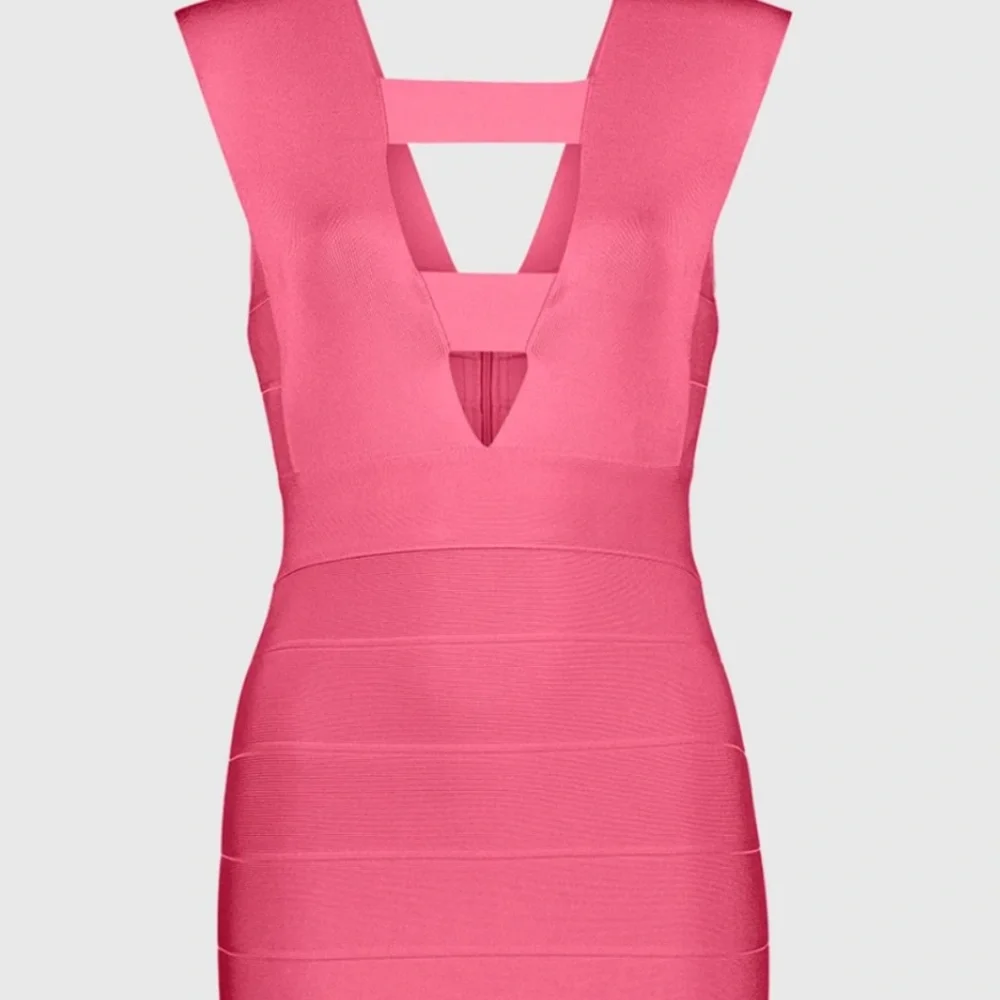 HERVE LEGER DEEP V STRAPPY ICON DRESS Hot Pink NWT - Picture 3 of 11